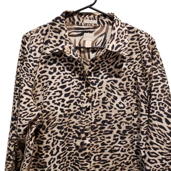 Chico's Sz 3 LS Button Up Animal Cheetah Zebra Print 100% Cotton Blouse - Picture 3 of 10